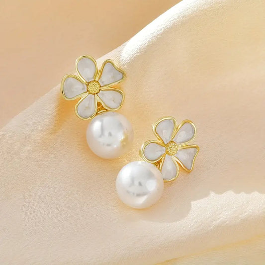 White Drop Flower Round Bead Earrings
