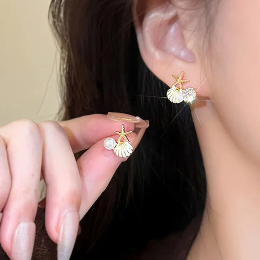 Unique White Drop Oil Shell Starfish Earrings